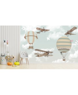 Fototapeta 3D na ścianę na wymiar  flizelinowa dla dzieci dziecięca balony samoloty chmurki niebo studiograf