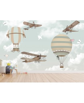 Fototapeta 3D na ścianę na wymiar  flizelinowa dla dzieci dziecięca balony samoloty chmurki niebo studiograf