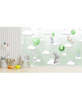 Fototapeta 3D na ścianę na wymiar  flizelinowa dla dzieci dziecięca króliczki balony zielone pistacjowe króliki studiograf