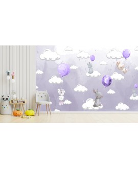 Fototapeta 3D na ścianę na wymiar  flizelinowa dla dzieci dziecięca fioletowe pastelowe króliczki balony chmurki studiograf