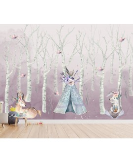 Fototapeta 3D na ścianę na wymiar  flizelinowa dla dzieci dziecięca zwierzątka las boho tipi drzewa studiograf