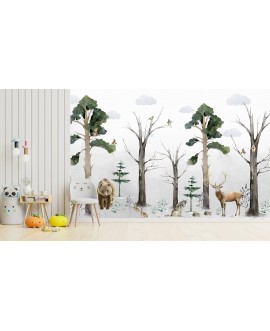 Fototapeta 3D na ścianę na wymiar  flizelinowa dla dzieci dziecięca las zwierzątka zwierzęta drzewa chmurki studiograf