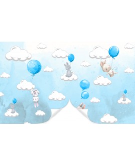 Fototapeta 3D na ścianę na wymiar  flizelinowa dla dzieci dziecięca króliczki balony błękitne chmurki studiograf