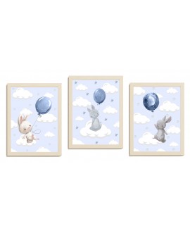 Zestaw 3 obrazków plakatów dla dzieci plakaty plakat grafika grafiki słodkie pastelowe króliczki balony studiograf