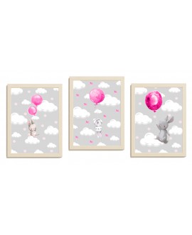 Zestaw 3 obrazków plakatów dla dzieci plakaty plakat grafika grafiki słodkie pastelowe różowe króliczki balony studiograf
