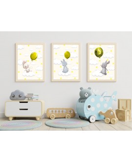 Zestaw 3 obrazków plakatów dla dzieci plakaty plakat grafika grafiki słodkie pastelowe żółte króliczki balony studiograf