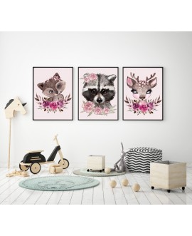 Zestaw 3 obrazków plakatów dla dzieci  plakat grafika słodkie pastelowe zwierzątka kwiaty kwiatki studiograf