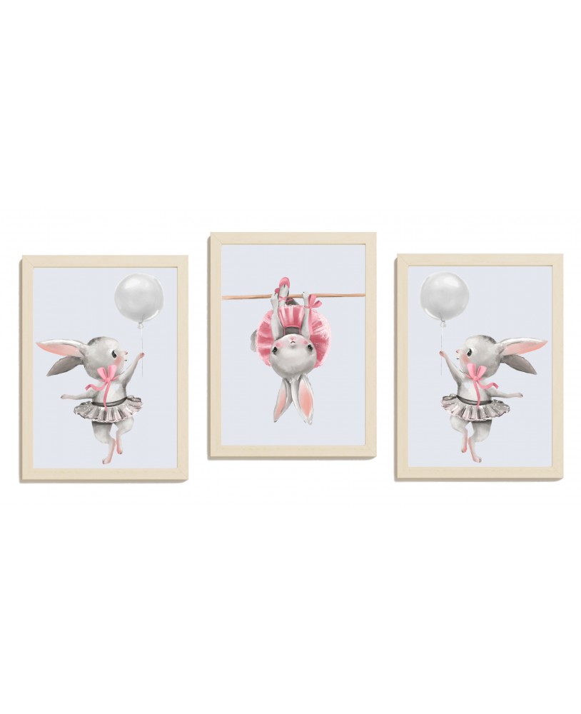 Zestaw 3 obrazków plakatów dla dzieci  plakat grafika słodkie pastelowe różowe baletnice króliczki balony studiograf