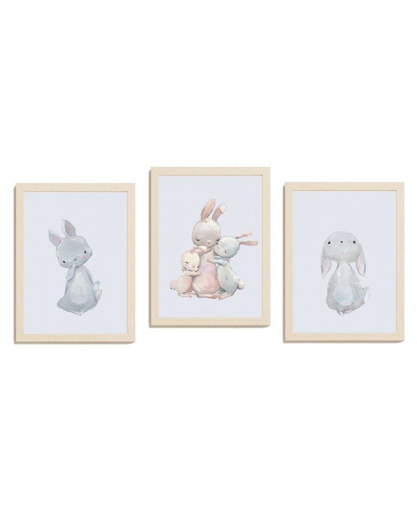 Zestaw 3 obrazków plakatów dla dzieci plakaty plakat grafika grafiki słodkie pastelowe króliczki króliki studiograf