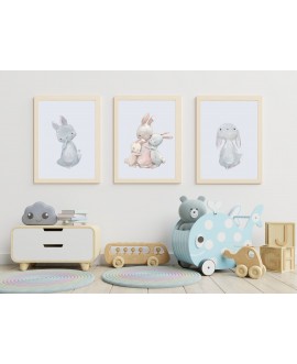 Zestaw 3 obrazków plakatów dla dzieci plakaty plakat grafika grafiki słodkie pastelowe króliczki króliki studiograf