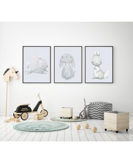 Zestaw 3 obrazków plakatów dla dzieci plakaty plakat grafika grafiki słodkie pastelowe króliczki studiograf