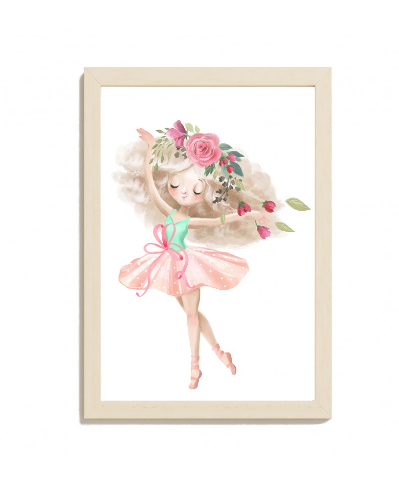 Plakat grafika obrazek dla dzieci baletnica urocza pastelowa dziewczynka kwiaty liście studiograf