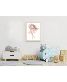 Plakat grafika obrazek dla dzieci baletnica urocza pastelowa dziewczynka kwiaty liście studiograf