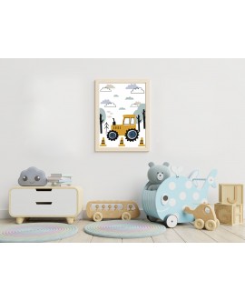 Plakat grafika obrazek dla dzieci plakaty traktor chmurki drzewa maszyny budowa las studiograf