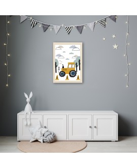 Plakat grafika obrazek dla dzieci plakaty traktor chmurki drzewa maszyny budowa las studiograf