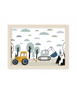 Plakat grafika obrazek dla dzieci maszyny koparki budowa traktor koparka chmurki drzewa studiograf