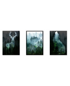Zestaw plakatów obrazków grafik skandynawski las we mgle nowoczesne plakaty wilk jeleń studiograf