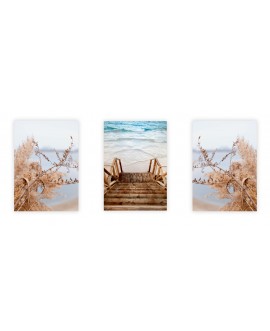 Zestaw 3 plakatów obrazków grafik morze krzewy plaża piasek woda boho trawy studiograf