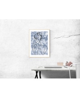Plakat grafika dekoracyjna na ścianę kobieta kwiaty tło niebieski kobieta line art linie nowoczesny boho plakat studiograf