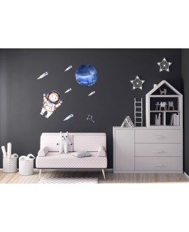 Naklejka na ścianę dla dzieci astronauci planety kosmos gwiazdy