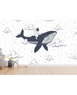 Fototapeta 3D na ścianę na wymiar  flizelinowa dla dzieci dziecięca astronauta kosmonauta wieloryb chmurki gwiazdki studiogra
