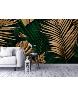 Fototapeta 3D na ścianę na wymiar  flizelinowa paproć monstera liście zieleń złoto gold green studiograf