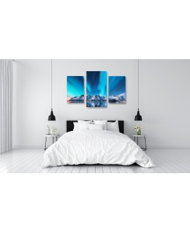 Obraz na płótnie canvas tryptyk potrójny obraz nowoczesny zorza polarna niebieski błękitny góry pejzaż krajobraz studiogr