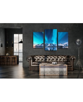 Obraz na płótnie canvas tryptyk potrójny obraz nowoczesny zorza polarna niebieski błękitny góry pejzaż krajobraz studiogr