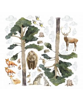 Naklejka na ścianę dla dzieci las drzewa niedźwiedź lis królik chmurki zwierzątka studiograf