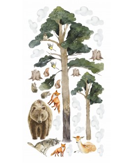 Naklejka na ścianę dla dzieci zwierzątka leśne las niedźwiedź drzewa miś sarenka wilk studiograf
