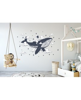 Naklejka na ścianę dla dzieci wieloryb astronauta ocean kosmos gwiazdki chmurki studiograf