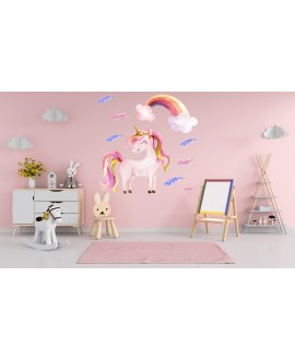 Naklejka na ścianę dla dzieci różowy jednorożec tęcza piórka studiograf