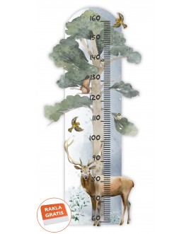 Naklejka na ścianę dla dzieci jeleń drzewa ptaki miarka wzrostu las zwierzątka studiograf