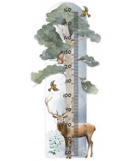 Naklejka na ścianę dla dzieci jeleń drzewa ptaki miarka wzrostu las zwierzątka studiograf