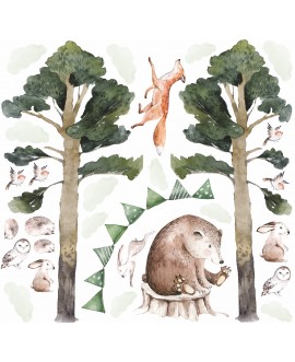 Naklejka na ścianę dla dzieci las drzewa zwierzątka leśne niedźwiedź sowa lis zając chmurki studiograf