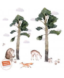 Naklejka na ścianę dla dzieci zwierzątka leśne las drzewa chmurki lis sarenka niedźwiedź studiograf