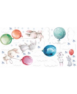 Naklejka na ścianę dla dzieci urocze kolorowe króliki króliczki z balonami chmurki gwiazdki studiograf