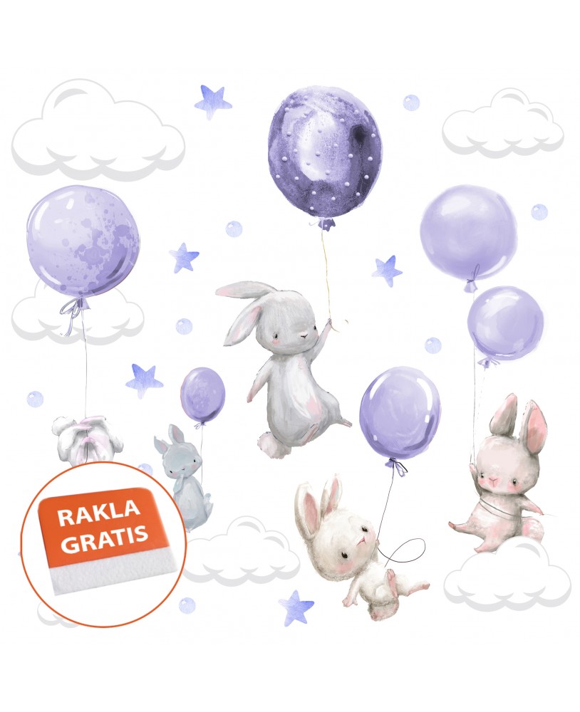 Naklejka na ścianę dla dzieci urocze kolorowe króliki króliczki z balonami chmurki gwiazdki studiograf