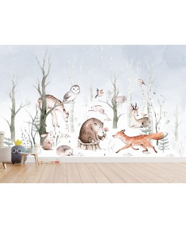 Fototapeta na wymiar flizelinowa dla dzieci dziecięca zwierzątka leśne las niedźwiedź lis sarenka studiograf