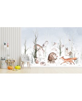 Fototapeta na wymiar flizelinowa dla dzieci dziecięca zwierzątka leśne las niedźwiedź lis sarenka studiograf