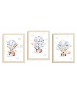 Zestaw 3 obrazków plakatów dla dzieci postery dziecięce zwierzątka balony chmurki pastelowe studiograf