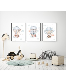 Zestaw 3 obrazków plakatów dla dzieci postery dziecięce zwierzątka balony chmurki pastelowe studiograf