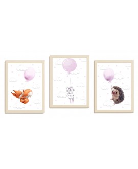 Zestaw 3 obrazków plakatów dla dzieci pastelowe postery zwierzątka z balonami jeżyk królik wiewiórka studiograf