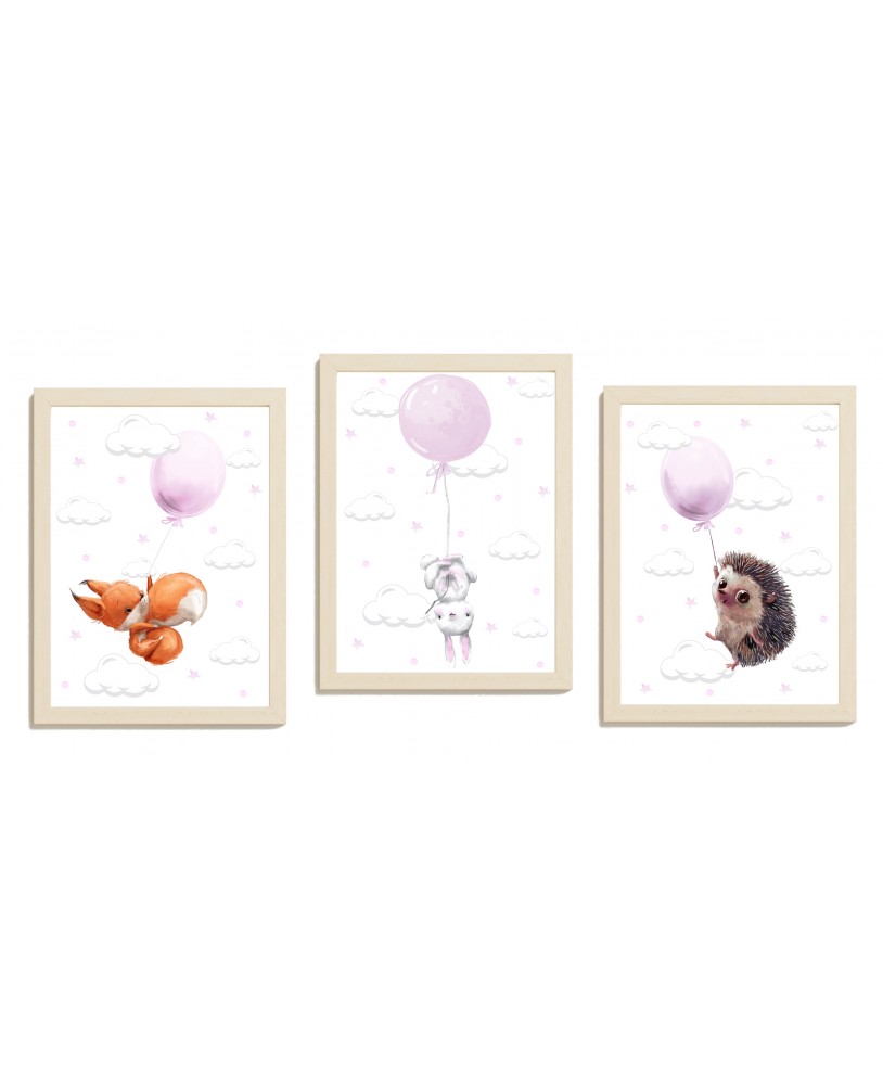 Zestaw 3 obrazków plakatów dla dzieci pastelowe postery zwierzątka z balonami jeżyk królik wiewiórka studiograf