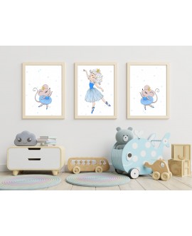 Zestaw 3 obrazków plakatów dla dzieci pastelowe postery baletnica myszki mysz plakat dla dziewczynki studiograf