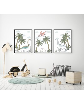 Zestaw 3 obrazków plakatów dla dzieci pastelowe postery dinozaury palmy plakat dla chłopca studiograf