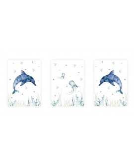 Zestaw 3 obrazków plakatów dla dzieci pastelowe postery ocean delfiny meduzy studiograf
