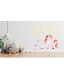 Naklejka na ścianę dla dzieci różowy jednorożec gwiazdki piórka studiograf