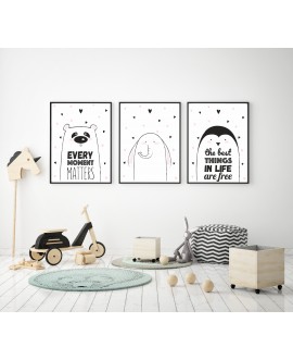 Zestaw 3 obrazków plakatów dla dzieci pastelowe postery napisy hasła motywacyjne słoń pingwin studiograf