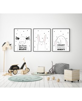 Zestaw 3 obrazków plakatów dla dzieci pastelowe postery hasła motywacyjne słoń łoś królik studiograf